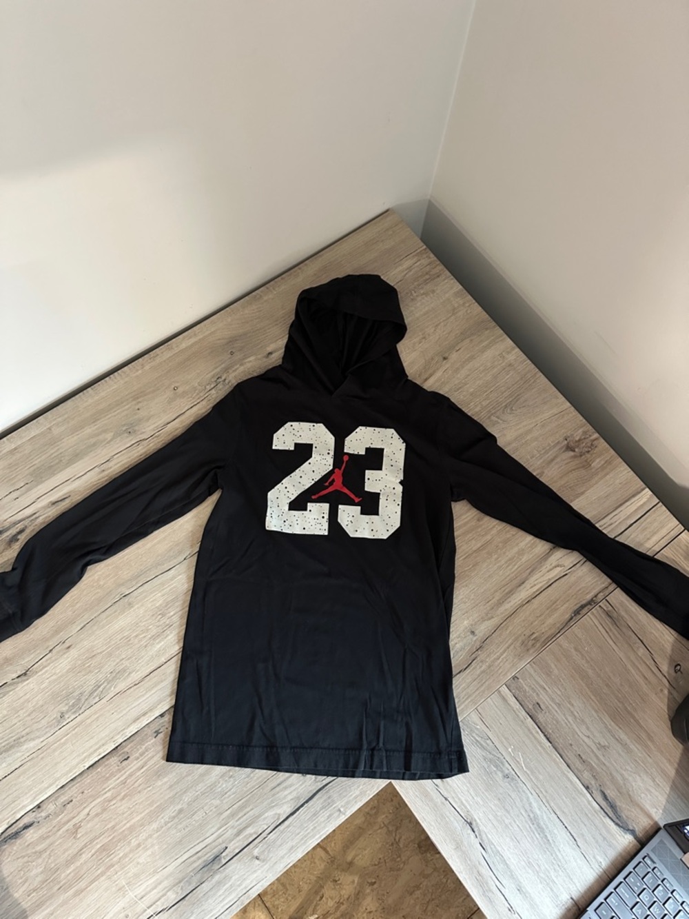 Jordan Black Hooded Long Sleeve Tee with White 23 and Red Jumpman